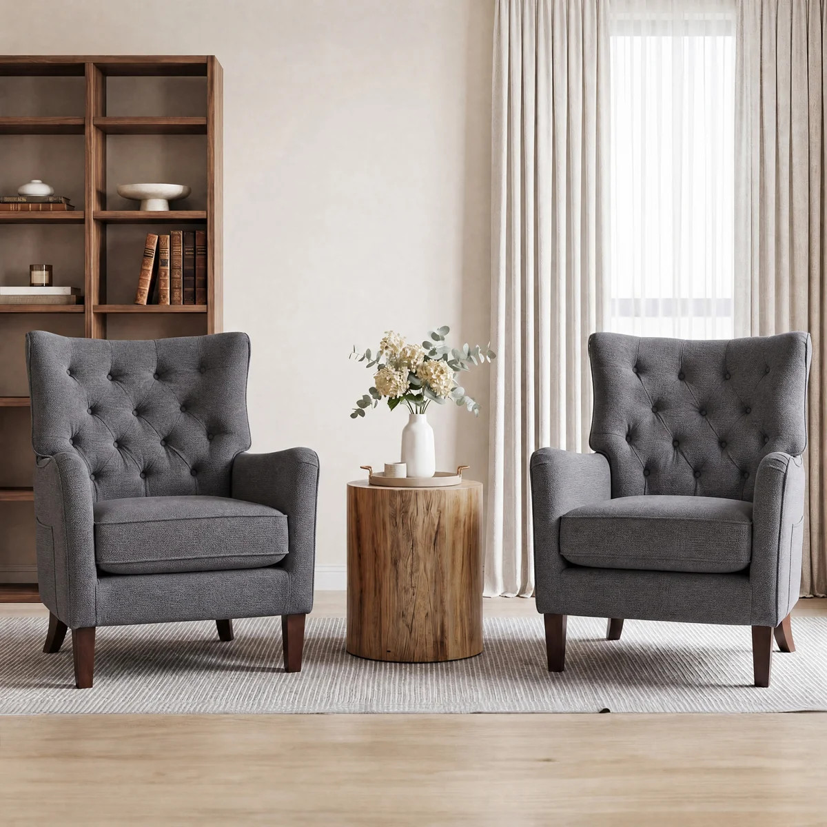 Button-Tufted Horn-Back Armchair, Accent Chair with Padded Cushion, Side Pocket and Solid Wood Le... | Wayfair North America