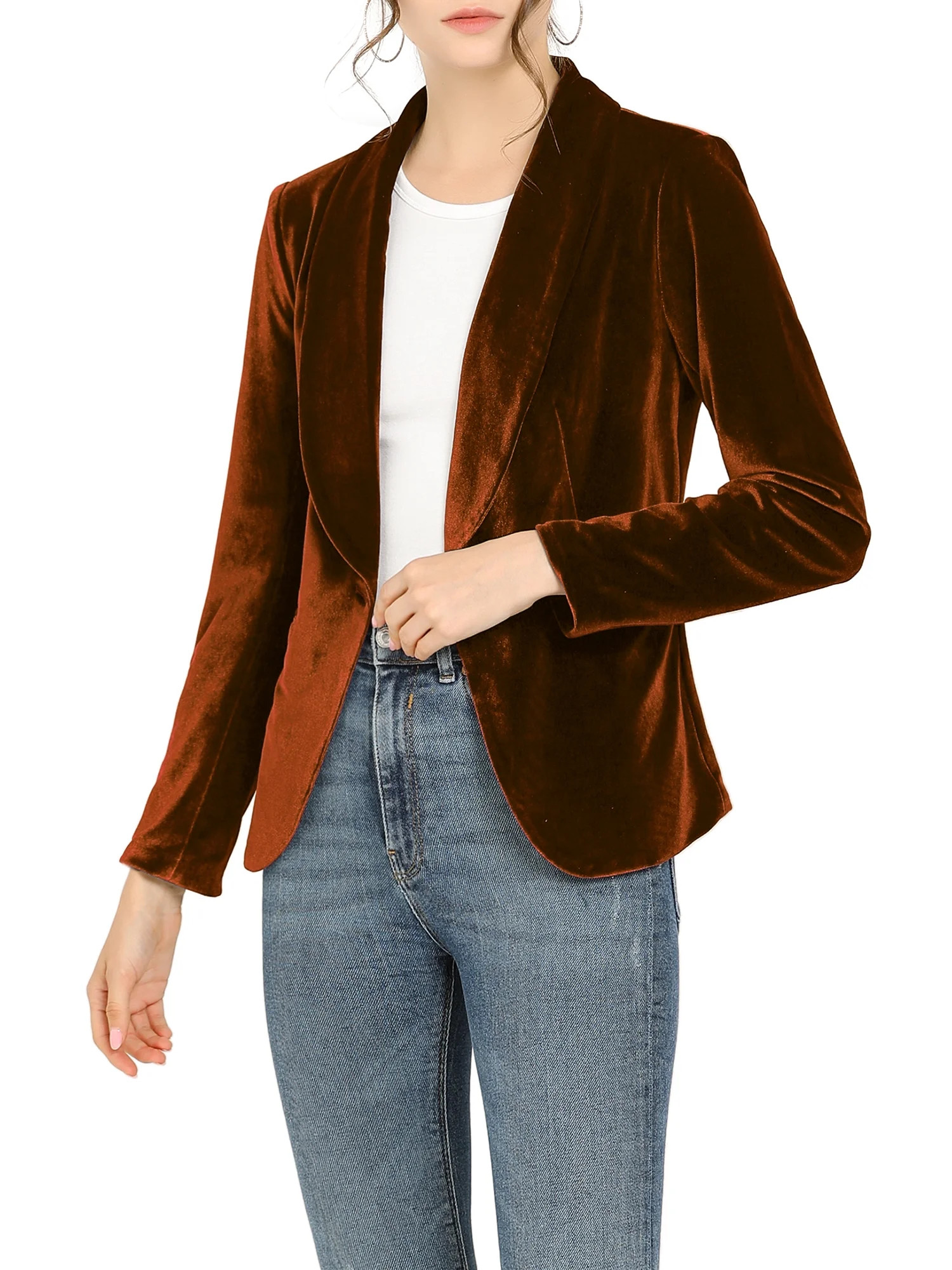 Allegra K Women's Work Shawl Collar Long Sleeve One Button Velvet Blazer | Walmart (US)