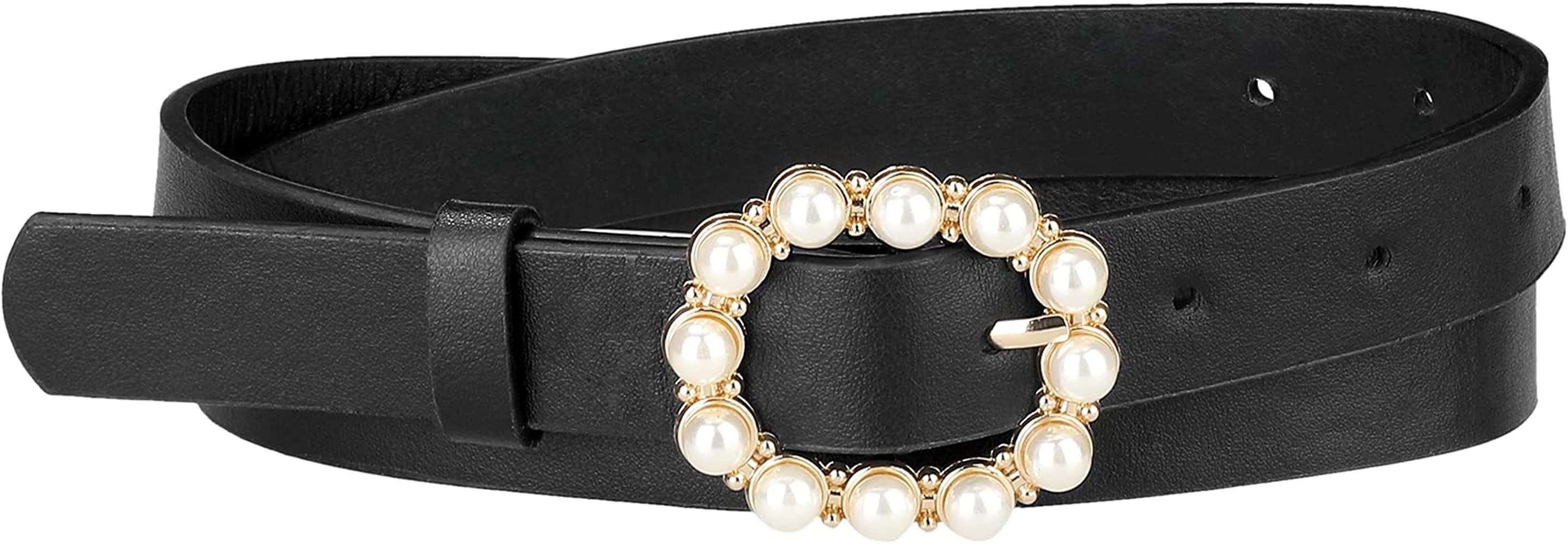 Allegra K Womens Pearl Waistband Skinny Leather Adjustable Pin Buckle Belt for Jeans Dresses Pant... | Amazon (US)