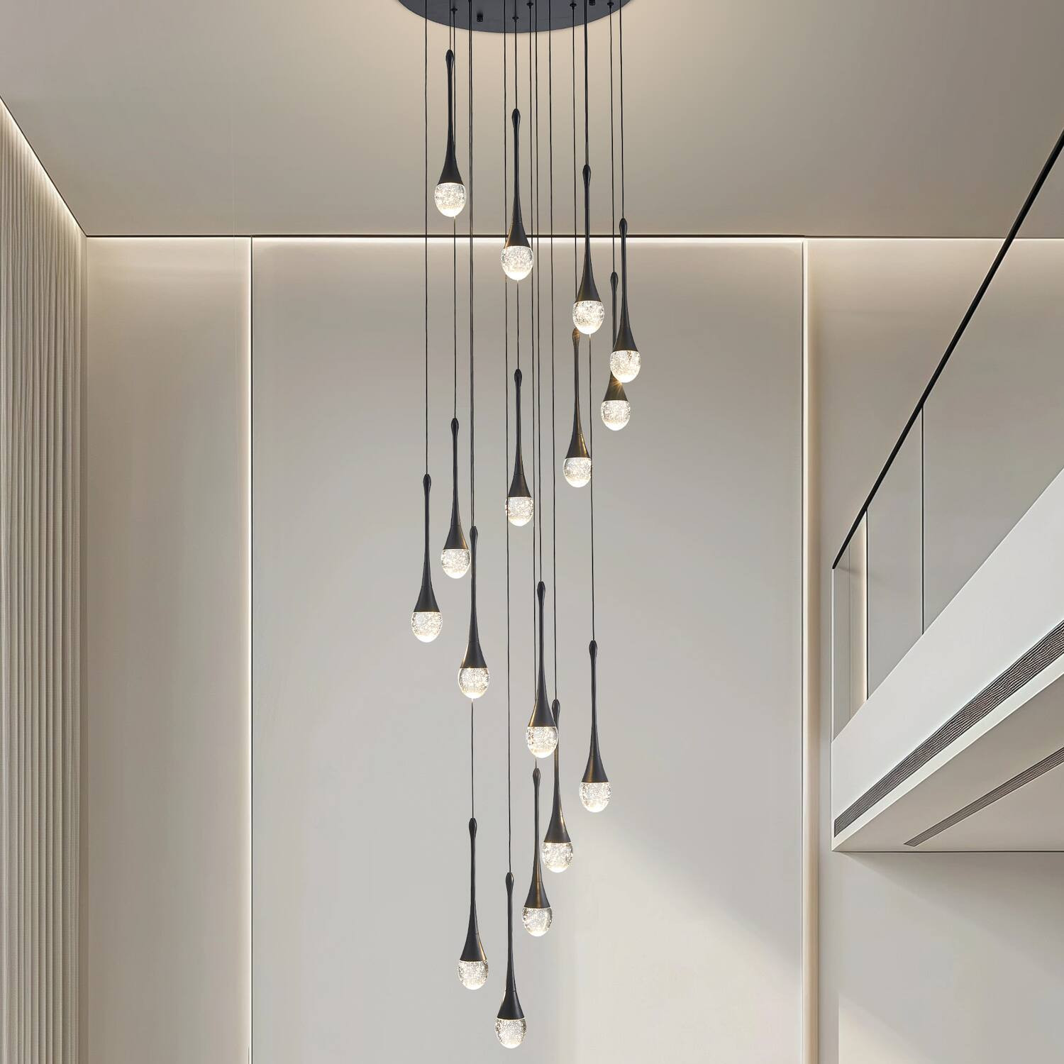 RYHNUYNE - 16-Light Large Modern Chandelier, Crystal Staircase Chandelier with Remote, Dimmable LED Raindrop Lighting Chandel - Black | Best Buy U.S.