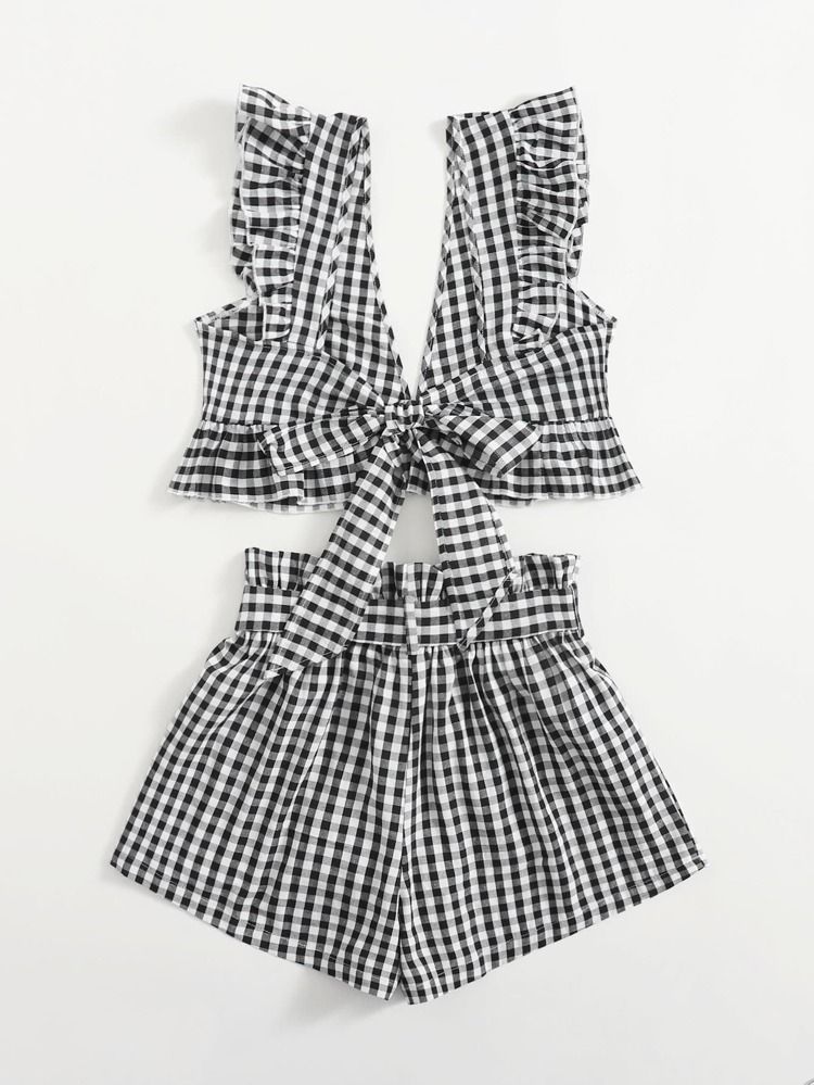 SHEIN Gingham Ruffle Trim Tie Back Top & Paperbag Waist Belted Shorts Set | SHEIN