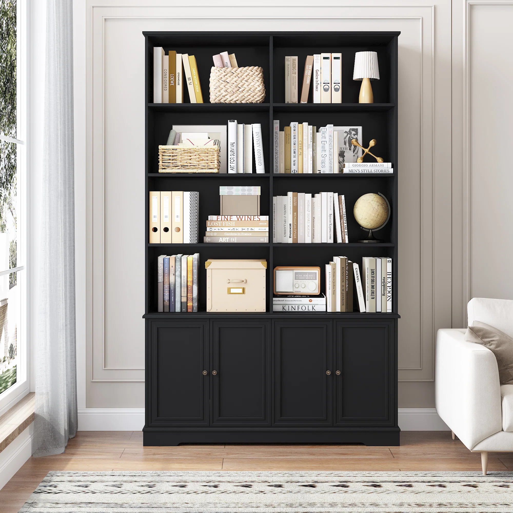 72.8" H x 47.2" W Mid-Century Modern Wood Bookcase with 4 Doors, Double Row Library Storage | Wayfair North America