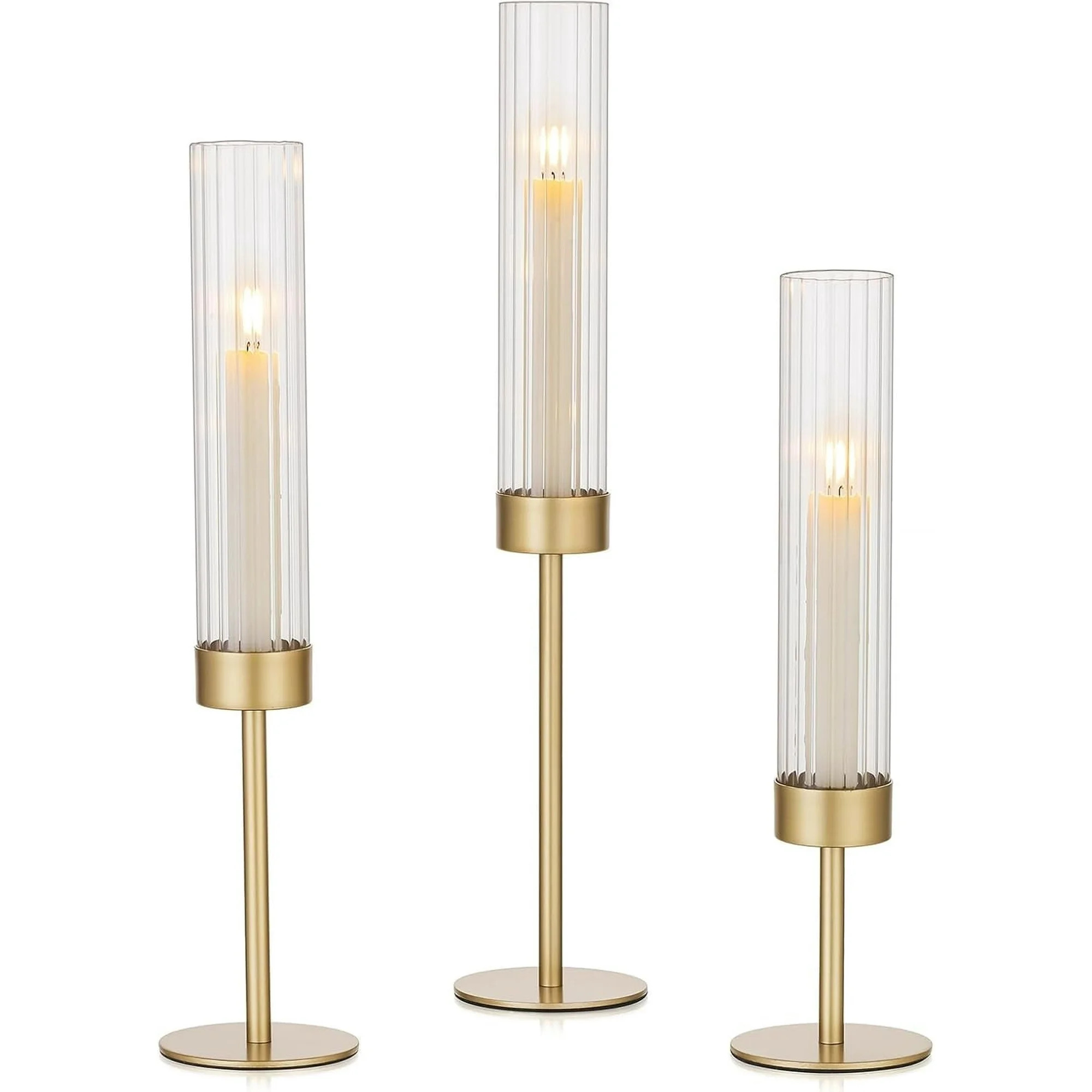 Jimin Gold Hurricane Candle Holders: Brass Candlestick Holders Set of 3 Tall Taper Candle Holders... | Walmart (US)