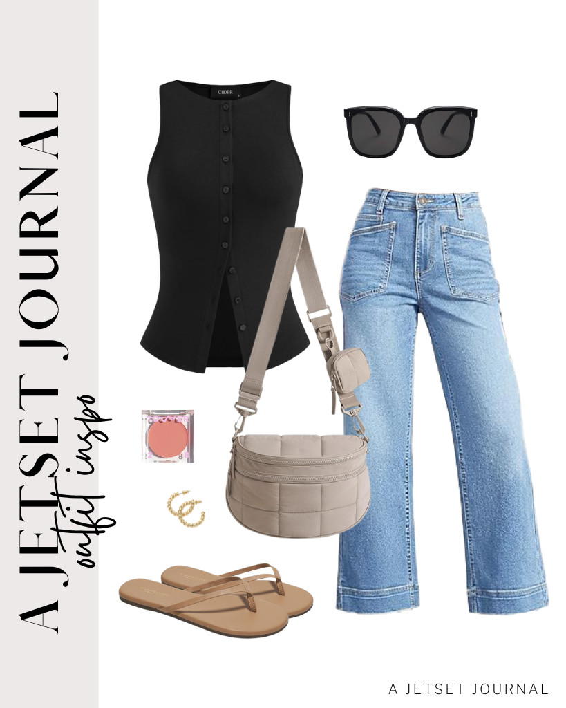 Our last outfit is a black button-down tank top from CIDER paired with wide-leg jeans. Step into these comfy leather flip-flops and grab your BAGSMART crossbody bag for your essentials. Finish the look with this trendy Tower 28 cream blush that people are obsessed with lately.

#LTKSeasonal #LTKSaleAlert #LTKTravel
 

 