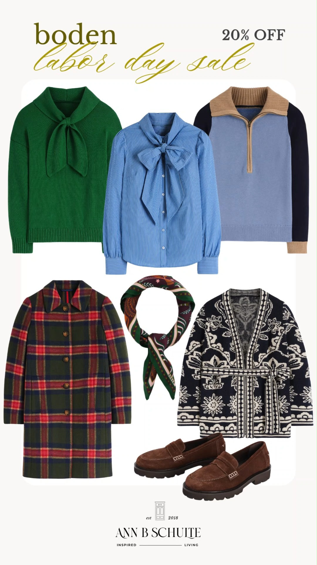 Boden’s Labor Day Sale is calling, and these fall-ready pieces are too good to pass up! 🍂 Enjoy 20% off everything with code LABOR and refresh your wardrobe with polished layers, cozy knits, classic prints, and versatile shoes. From the bow-detail blouse and statement cardigan to the plaid coat and loafers, these are the kind of pieces that make fall dressing effortless. The rich colors and timeless patterns are perfect for creating elevated everyday outfits all season long. A little classic, a little preppy, and completely fall-approved. 🍁✨🤎
#BodenSale #BodenLaborDaySale #LaborDaySale #FallFashion #FallStyle #FallOutfits #WomensFallFashion #ClassicStyle #FallWardrobe 

 #LTKootd #LTKSaleAlert