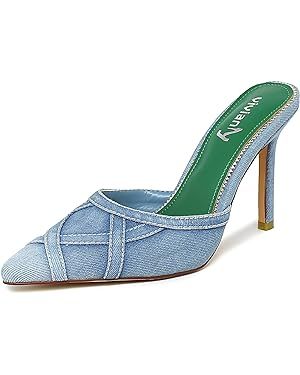 vivianly Womens Denim Stiletto Heels Sandals Pointed Toe Heeled Mule Pumps | Amazon (US)