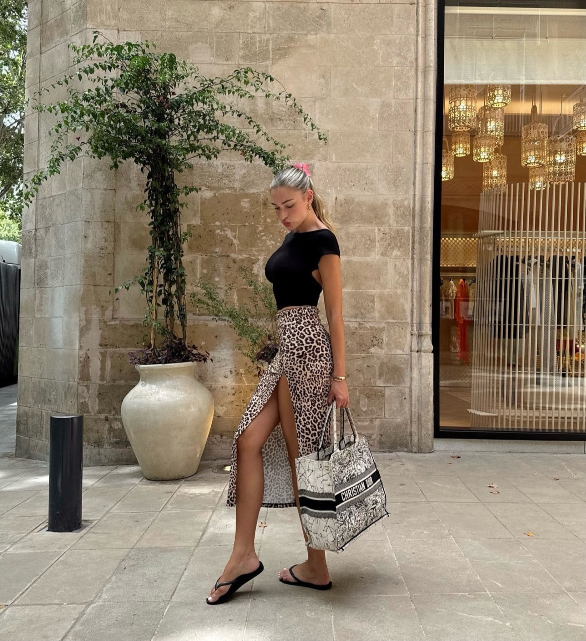 Summer outfit, leopard print skirt, Bershka, asos, black flip flops, backless black top, Christian Dior book tote bag 

#LTKstyletip #LTKuk #LTKsummer