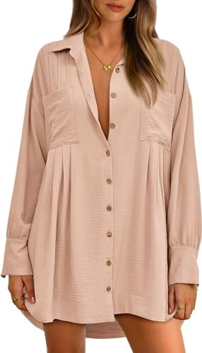 BTFBM Women's Long Sleeve Shirt Dresses Spring Summer Tops V Neck Pleated Flowy Casual Button Down Tunic Dress Pockets(Solid Beige, Large) | Amazon (US)