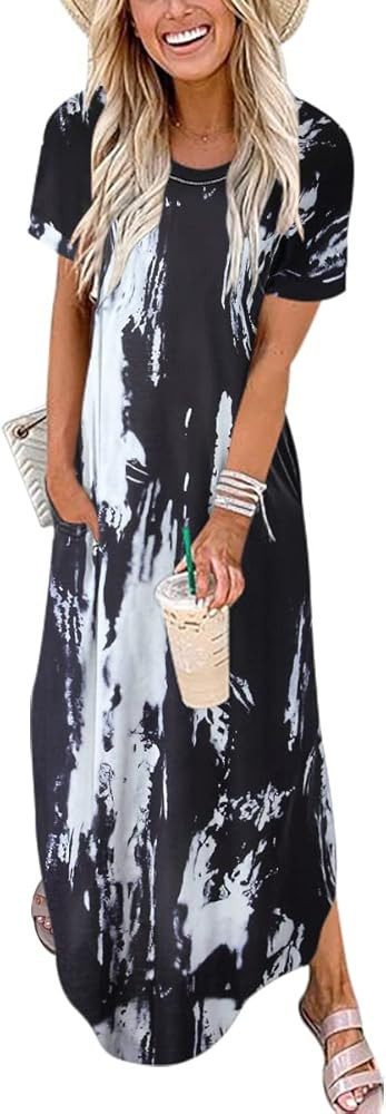 Prinbara Women's Casual Loose Sundress Long Dress Short Sleeve Split Maxi Dresses Summer Beach Dress | Amazon (US)