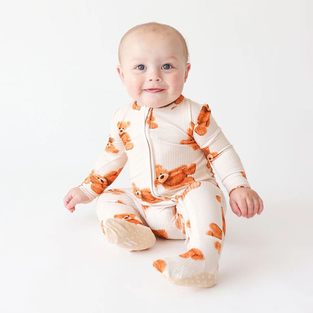 Teddy Bear Beige One Piece Baby Footie Pajamas | Freddy Teddy | Posh Peanut