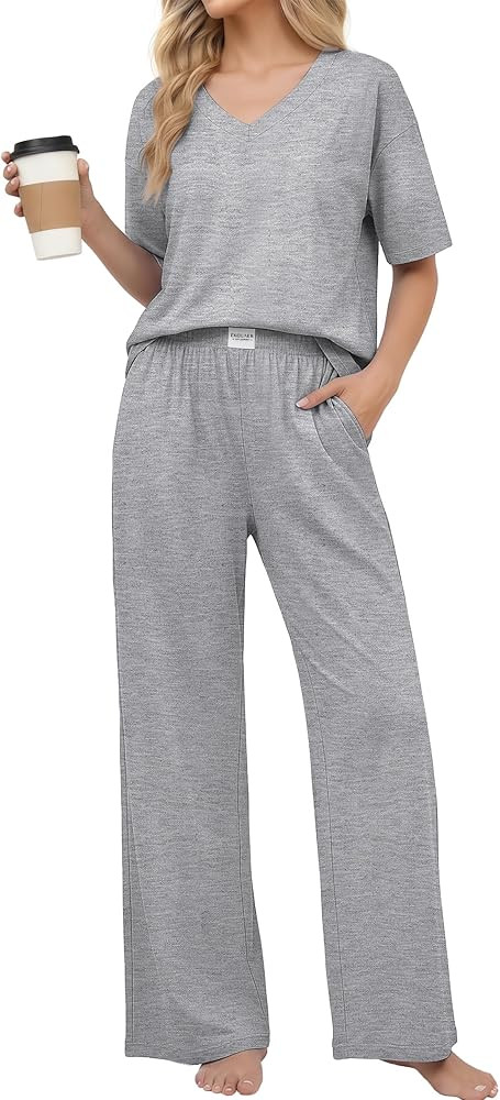 Ekouaer Womens Pajama Sets Cotton Short Sleeve Long Pants Lounge Set | Amazon (US)