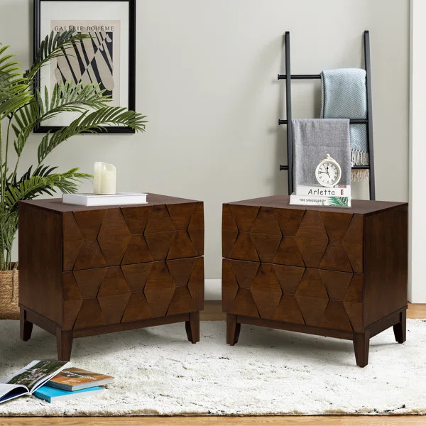 Sara Midcentury Modern 2 - Drawer Nightstand with Built-In Outlet and Solid Wood Legs (Set of 2) | Wayfair North America