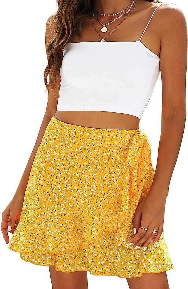Naggoo Women's Summer Wrap Floral High Waist Ruffle Short Mini Skirts | Amazon (US)