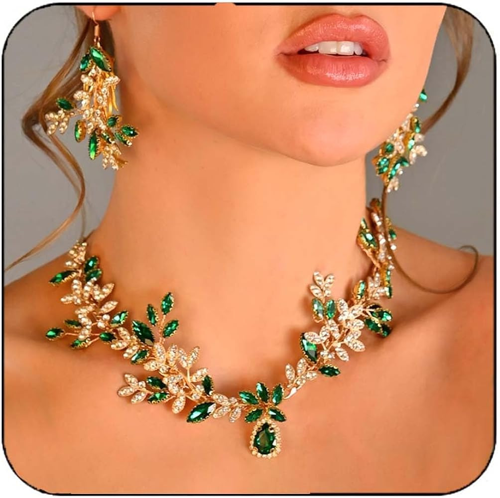 Unicra Bridal Wedding Jewelry Set Gold Green Crystal Necklace Earrings Sets Rhinestone Formal Cos... | Amazon (US)
