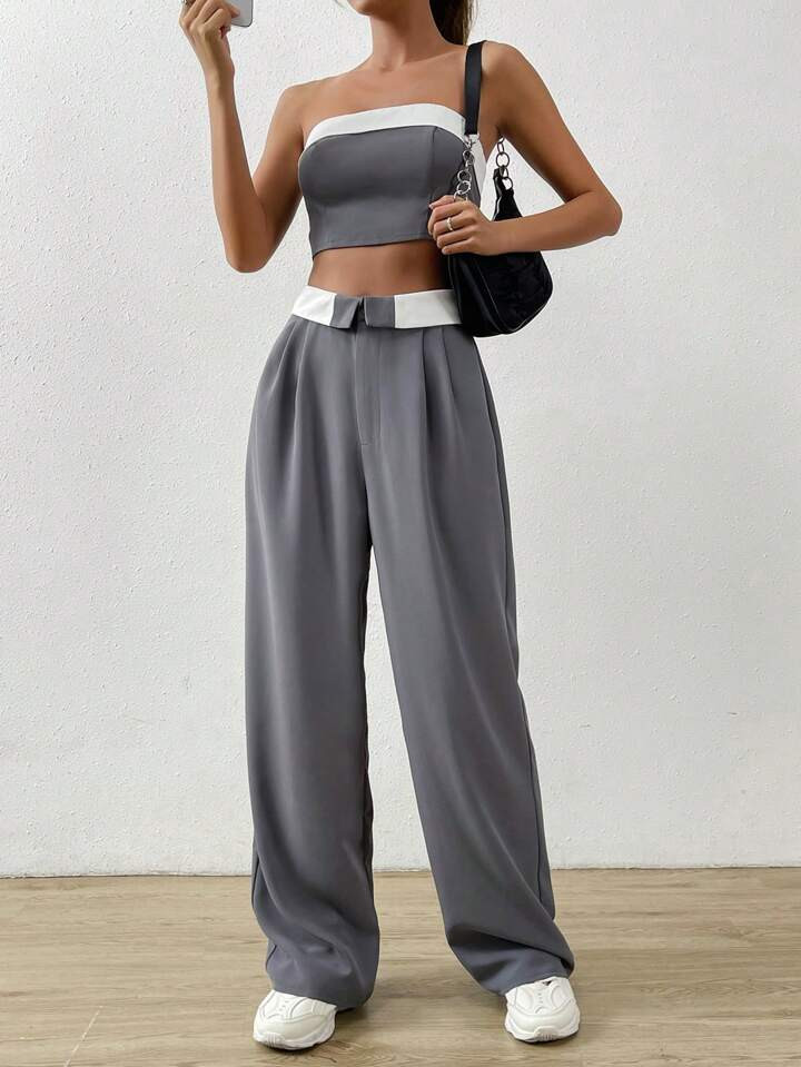 SHEIN EZwear Kontrast Saum, Tube Top mit & Hose mit geradlinigen Beinen | SHEIN