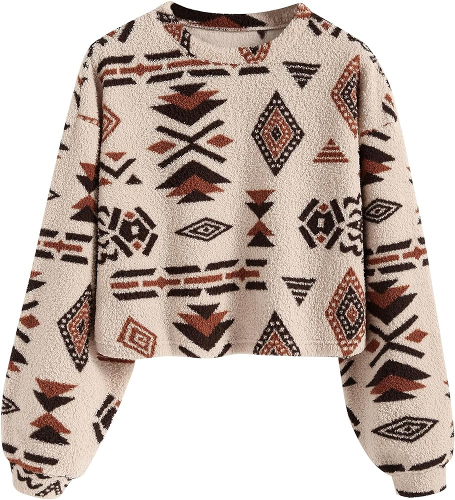 ZAFUL Women's Tribal Ethnic Graphic Cropped Knitwear Bohemian Long Sleeve Pullover Sweater Boho D... | Amazon (US)