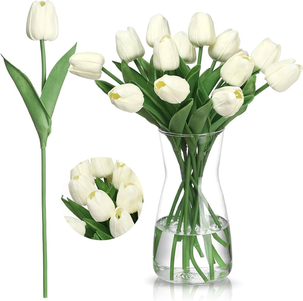 20 Pcs Artificial Flowers with Vase, 14 inch Faux Tulip Flowers Bouquet in Glass Vase for Kitchen... | Amazon (US)