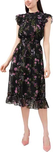 CeCe Floral Clip Dot Smocked Ruffle Midi Dress | Nordstrom | Nordstrom