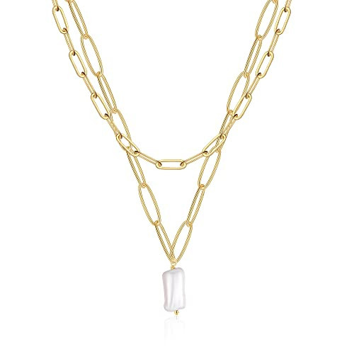 Yoosteel Gold Layered Pearl Necklace for Women, 14K Gold Plated Layering Choker Necklace with Paperclip Chain and Pearl Pendant | Amazon (US)