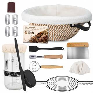 Sourdough Starter Kit 10 in. Round Banneton Basket with Bread Lame, Dough Whisk, Starter Jar and Baking Tools in Khaki | The Home Depot