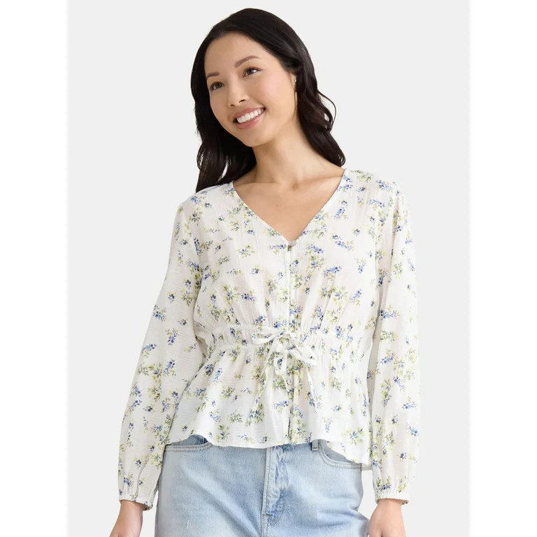 Time and Tru Women's Floral Print Tie Waist Blouse, Sizes S-XXXL | Walmart (US)