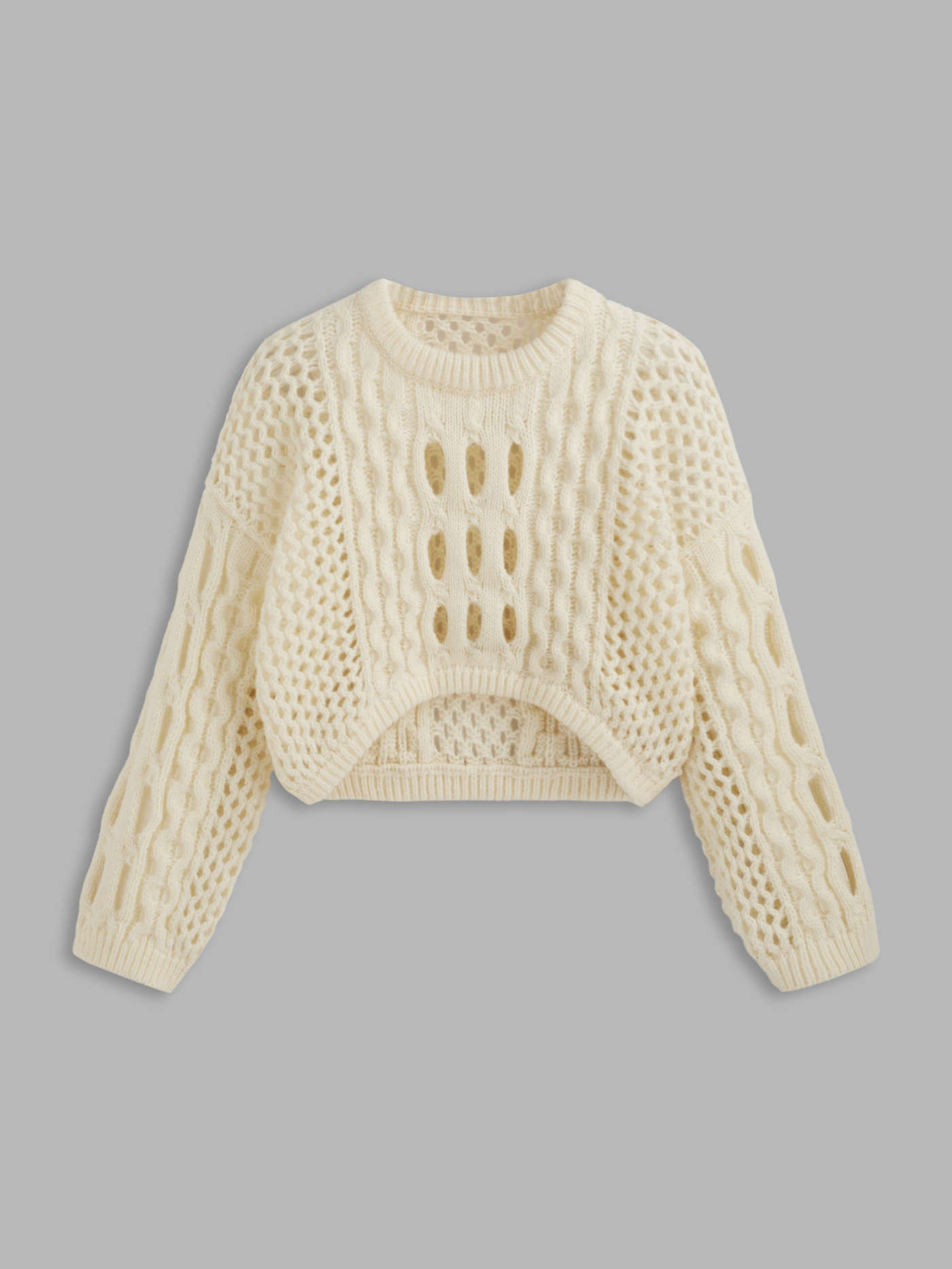 Knit Round Neckline Hollow Out Long Sleeve Crop Top Curve & Plus | Cider