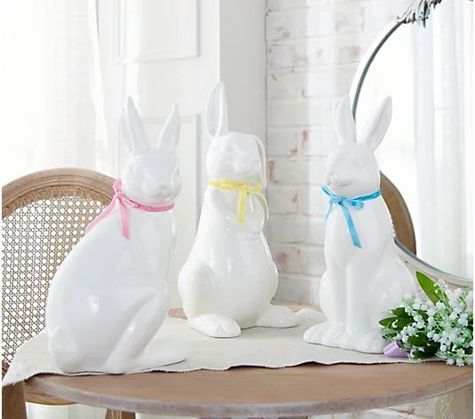 Willow Manor Set of 3 Ceramic Rabbits with Silk Bows - QVC.com | QVC