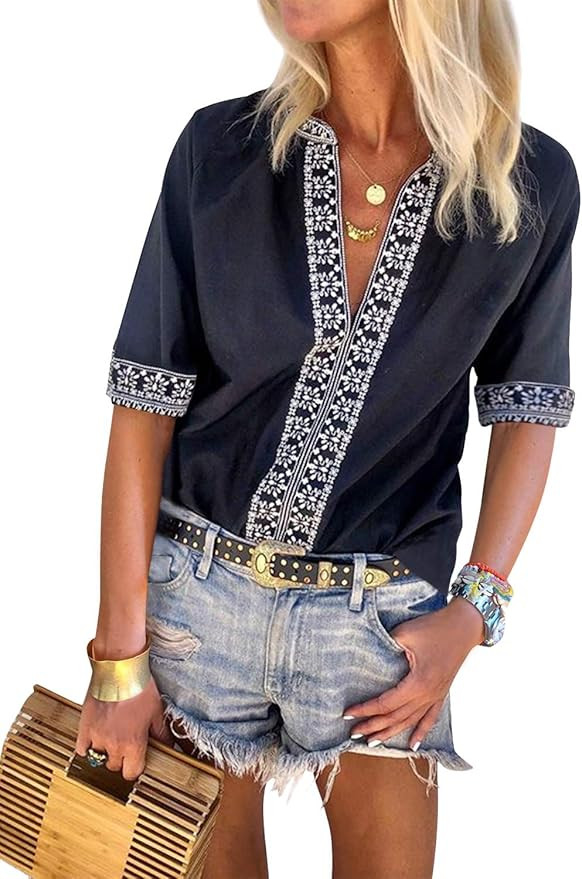 FARYSAYS Women's Casual Boho Embroidered V Neck Short Sleeve Shirts Loose Blouse Tops | Amazon (US)