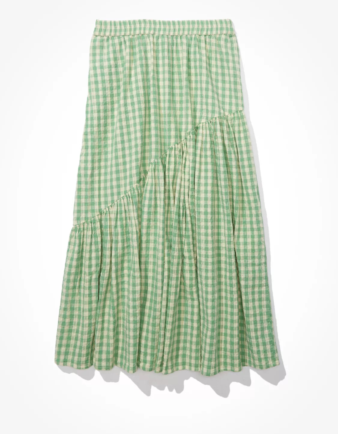 AE Gingham Asymmetrical Tiered Midi Skirt | American Eagle Outfitters (US & CA)