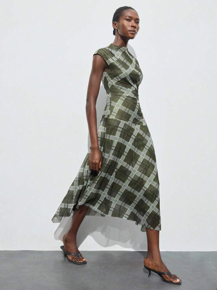 Maija Plaid Print Round Neck Raglan Sleeve Women's Fitted Asymmetric Design Casual Dress, Urban Chic Fashion All-Match Outerwear For Autumn, Halloween,Autumn,Plaid, Christmas Women's Clothing Casual Dresses For Women Halloween Costume Women Elegant Dress Women Check Skirt | SHEIN