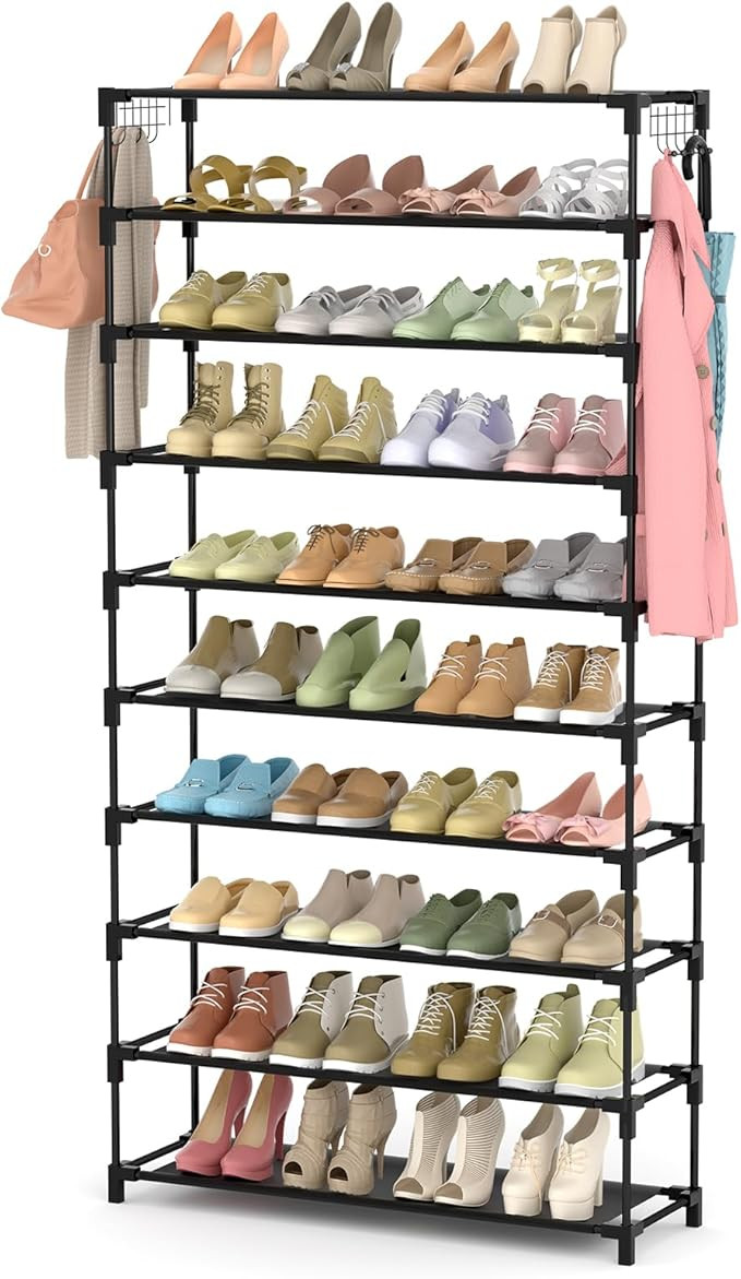 10 Tiers Shoe Rack 50 Pairs Large Capacity Tall Shoe Organizer Sturdy Shoe Storage with Two Hooks... | Amazon (US)