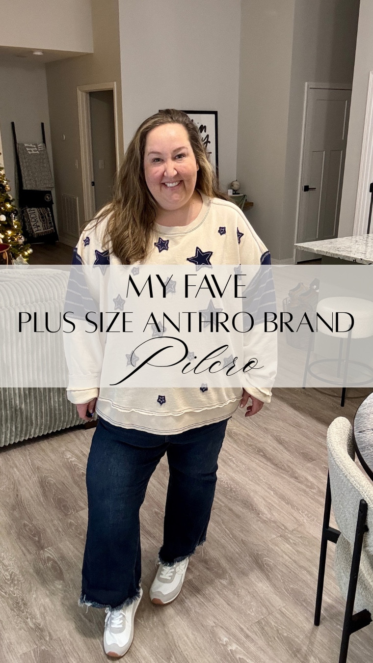My favorite plus size brand at Anthro is Pilcro! 

Linking all my faves here. This is the perfect sweatshirt for Cowboys GAMENIGHT 🏈💙 

#rebekahelizstyle

#LTKPlusSize #LTKFindsUnder100 #LTKootd