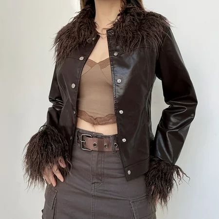 BESTSPR Women s Faux Leather Loose Long Sleeve Street Tide Cool Faux Fur Patchwork Single Breasted A | Walmart (US)