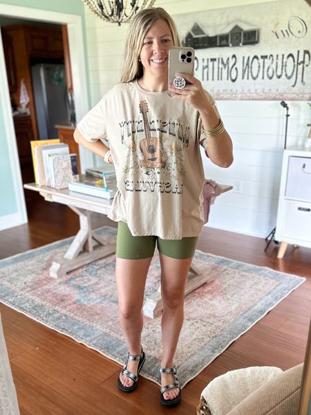 Comfy Summer Outfit For The Busy Mom! I love these oversized tees from Walmart and the buttery soft biker shorts from Amazon for everyday! 

#LTKstyletip #LTKxPrimeDay #LTKshoecrush