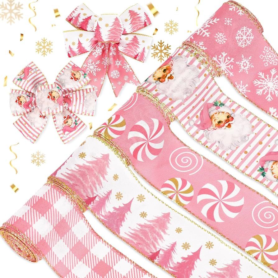 AnyDesign 30 Yards Christmas Wired Edge Ribbon 2.5 Inch Pink White Checkered Snowman Snowflake Cr... | Amazon (US)