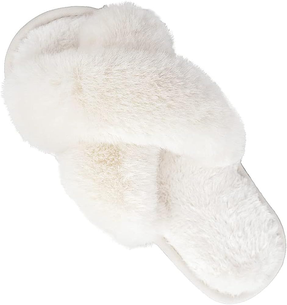 Fuzzy Slippers for Women-Cross Band Cozy House Home Bedroom Fluffy Slippers Plush Furry Open Toe ... | Amazon (US)