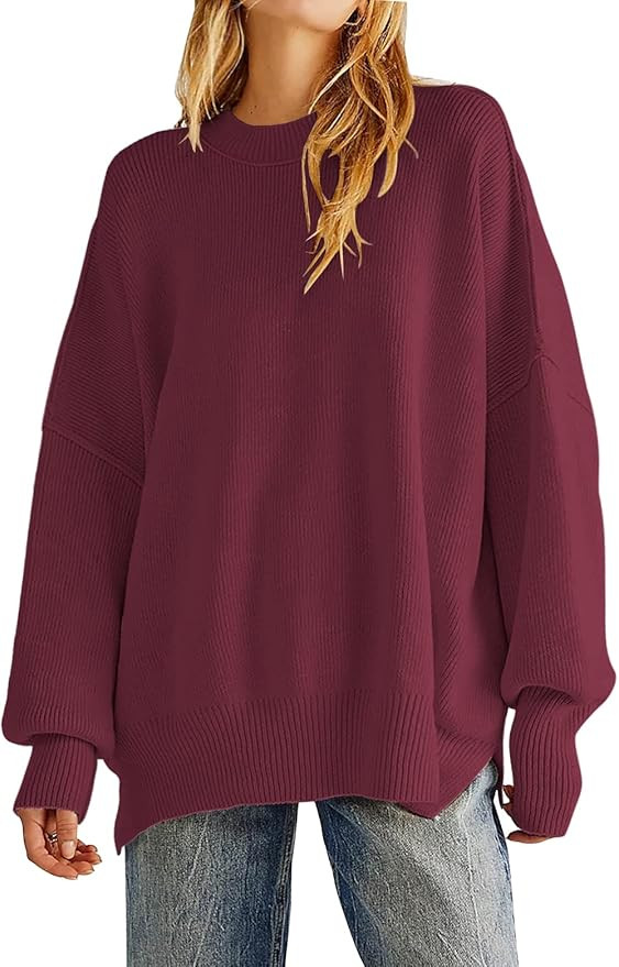 Women's Oversized Crewneck Sweaters Batwing Long Sleeve Side Slit Ribbed Knit Pullover Sweater To... | Amazon (US)