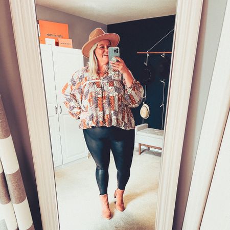 Faux leather leggings are the easiest thing to style. You can easily dress them up or down. This blouse gives all the boho vibes. The cognac colored boots with lug sole boots go great with outfits. 

Plus size | date night outfit | faux leather | Spanx | hat | curvy | ootd | date night | confidence | boots | lug sole 

#LTKshoecrush #LTKstyletip #LTKSeasonal