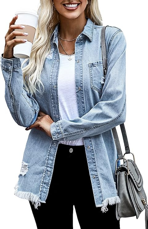 Dokotoo Women's Oversized Denim Jacket Casual Long Boyfriend Distresse Jean Jacket Autumn Spring | Amazon (US)