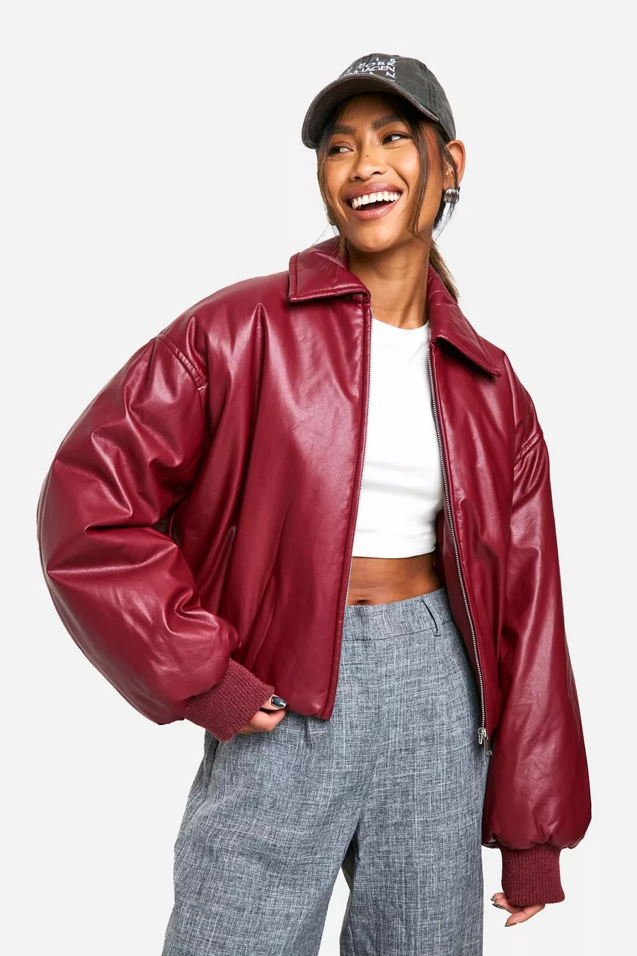 Padded Faux Leather Bomber Jacket | Boohoo.com (UK & IE)