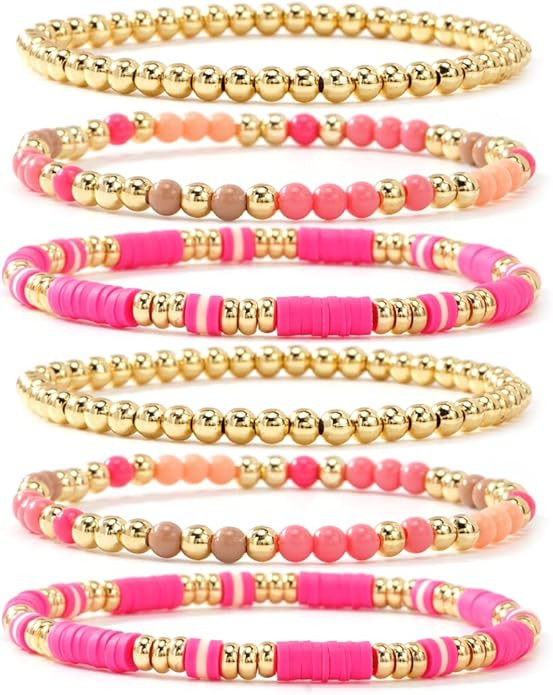 Gold Beaded Bracelets Set for Women Stocking Stuffers for Women Boho Dainty 14K Gold Plated Beads... | Amazon (US)