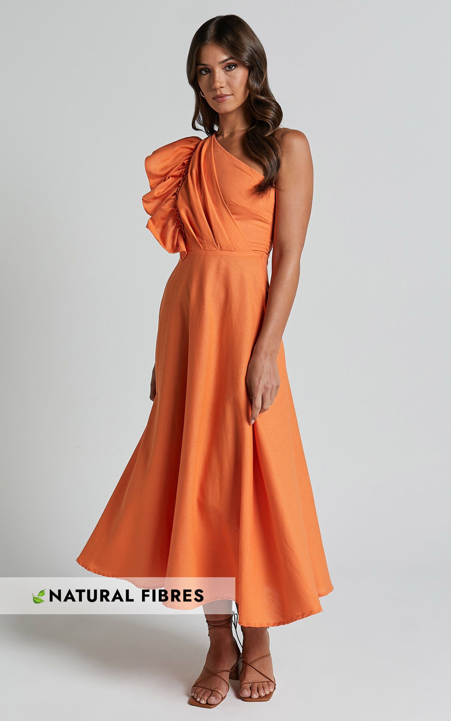 Dixie Midi Dress - Linen Look One Shoulder Ruffle Dress in Orange | Showpo (US, UK & Europe)