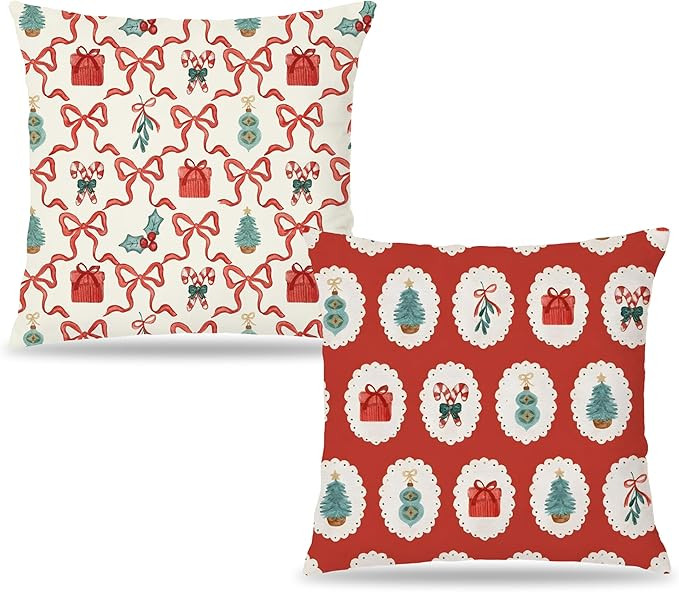 Red Preppy Coquette Bow Christmas Tree Pillow Covers 18x18 Double-Sided, Cute Preppy Red Coquette... | Amazon (US)