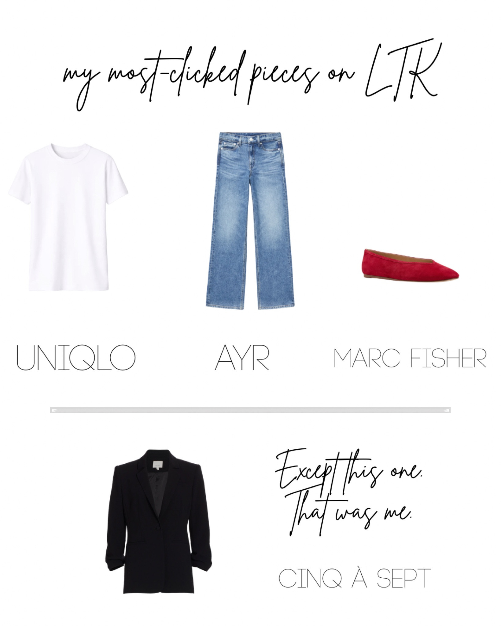 Three of your most-clicked pieces on LTK: the perfect white tee, the perfect wide-leg jean, the perfect red flat.
The data said these three. 
I said add a blazer.​​​​​​​​​​​​​​​​