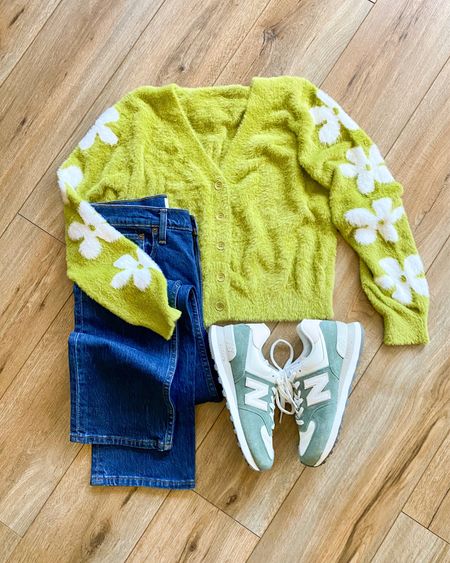 Green flower cardigan. Green daisy cardigan. 90s jeans. New balance. Taylor swift green flower cardigan. Eras your movie outfits. 

#LTKSeasonal #LTKsalealert #LTKstyletip