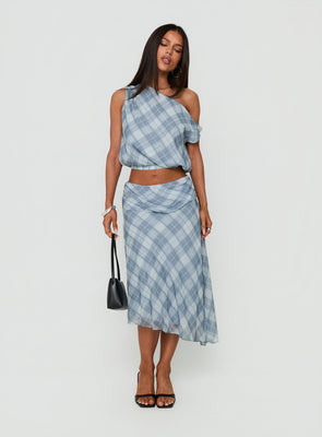 Sabbine Asymmetrical Midi Skirt Blue Check | Princess Polly US