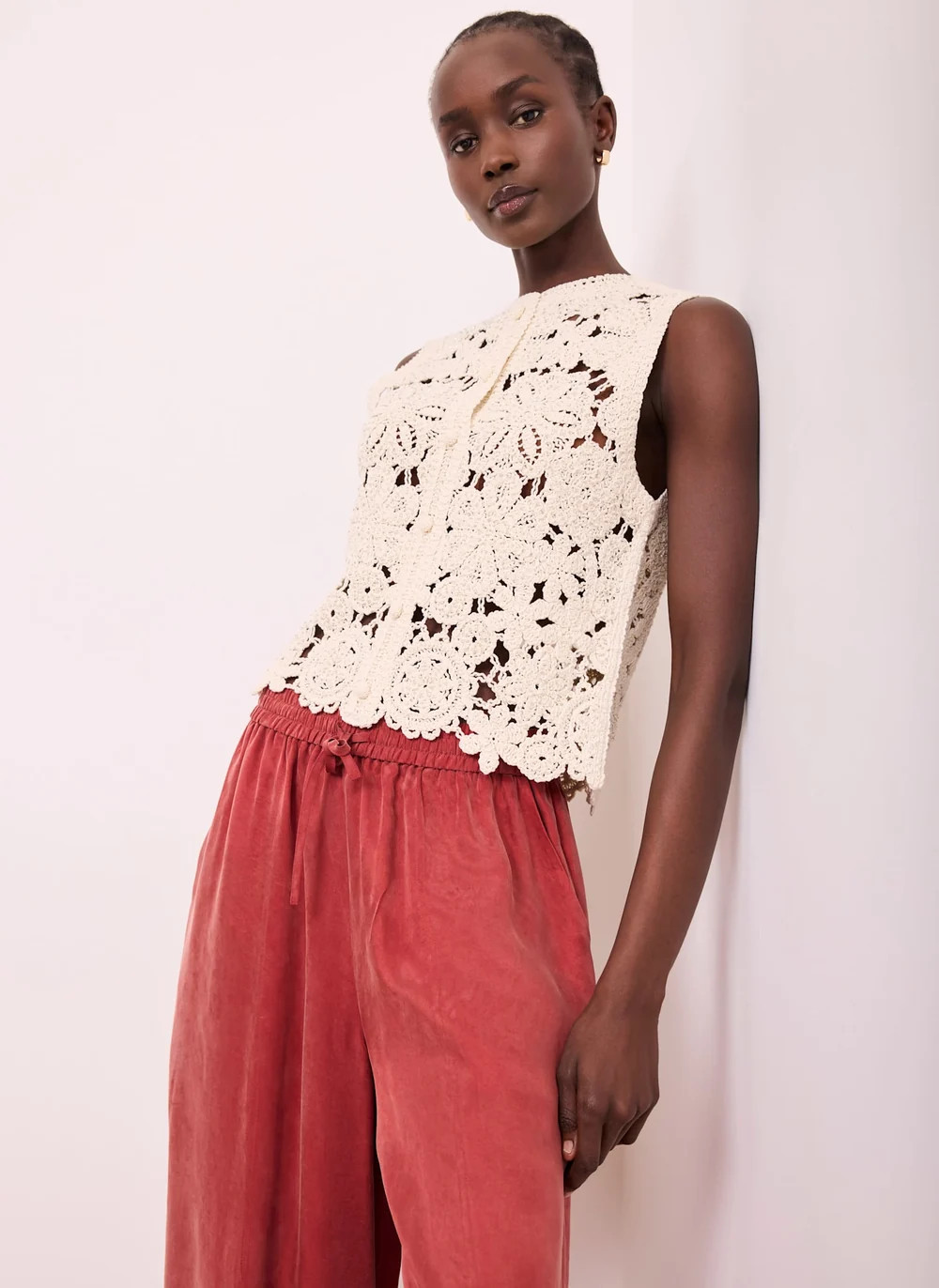 Neutral Cotton Blend Embellished Crochet Waistcoat | Mint Velvet