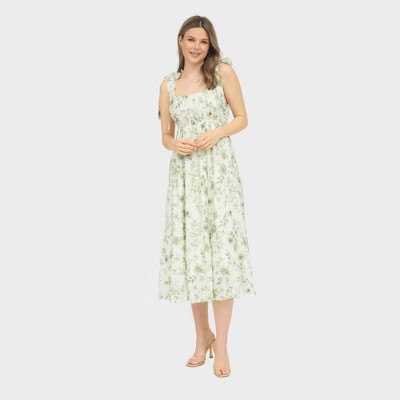 August Sky Women's Sleeveless Wide Mock Ties Ruched Floral Midi Dress, Olive Multi, Medium | Target