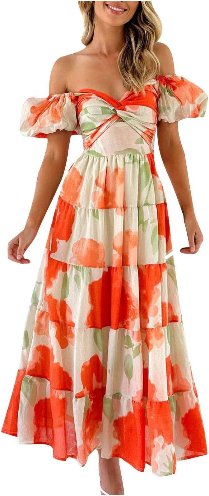 Hawaiian Style Tiered A-Line Dress Women's Off Shoulder Puff Sleeve Summer Beach Dress Knot Front... | Amazon (US)