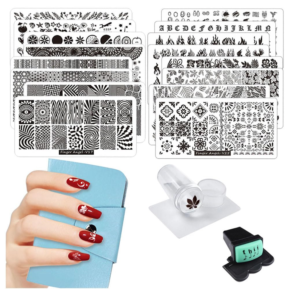 21Pcs Nail Stamp Plate Set 16Pcs Mix Design Stamping nail Art Plate + 2Nail Stamper + 2Scraper+1P... | Amazon (US)